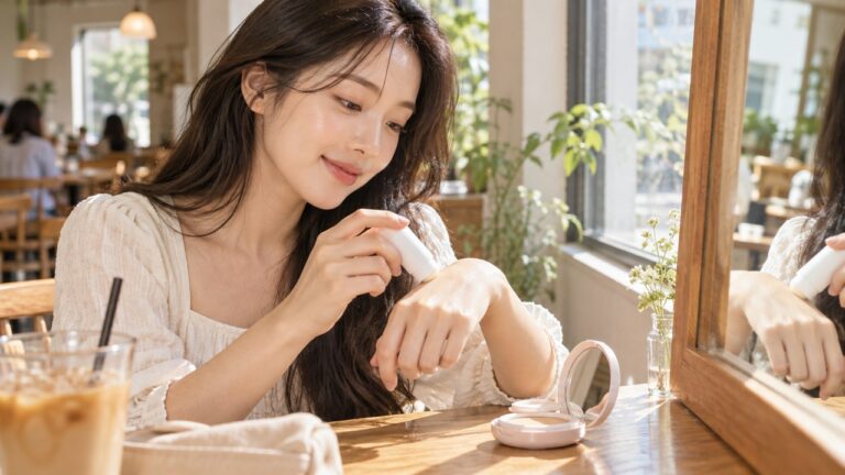 외출 전 선스틱과 수정 화장을 준비하는 모습