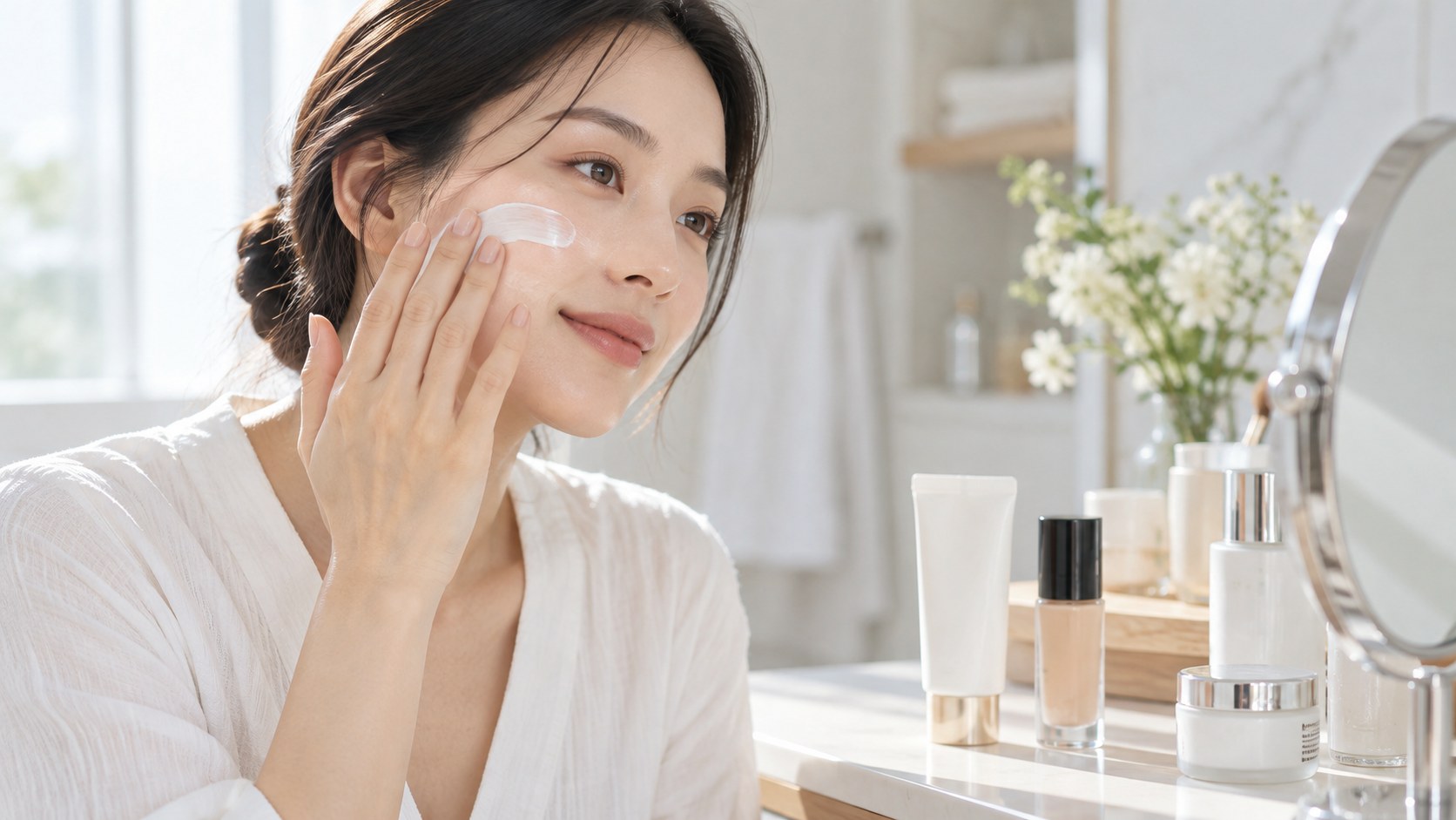 선크림을 바른 뒤 별도로 메이크업을 준비하는 모습