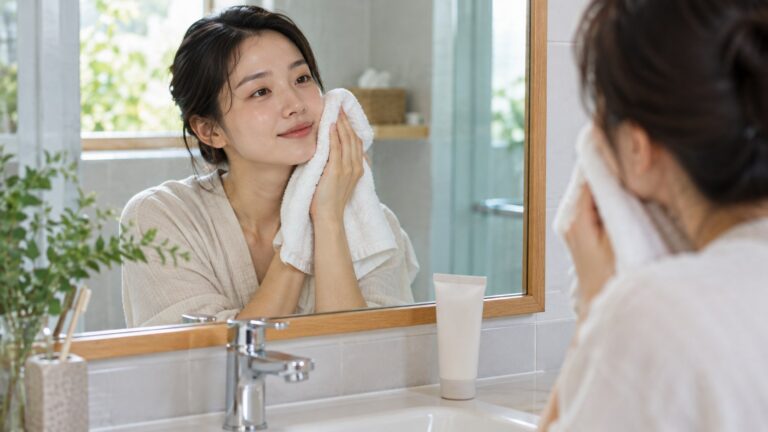 세안 후 부드러운 타월로 얼굴 물기를 가볍게 정리하는 모습
