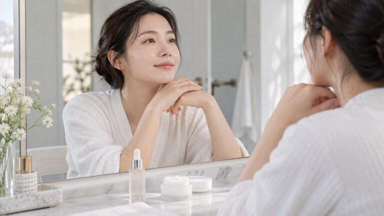 세럼을 바른 뒤 피부를 문지르지 않고 다음 단계를 준비하는 모습