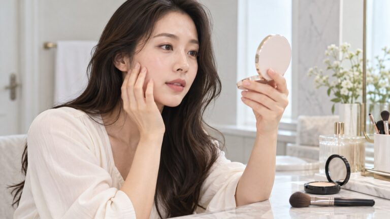 파우더를 덧바르기 전에 작은 거울로 화장 상태를 확인하는 모습