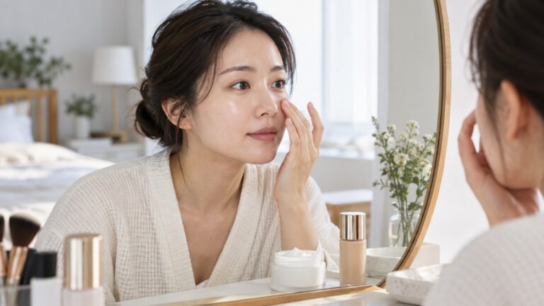 거울로 볼과 코의 피부 상태를 살펴보는 모습