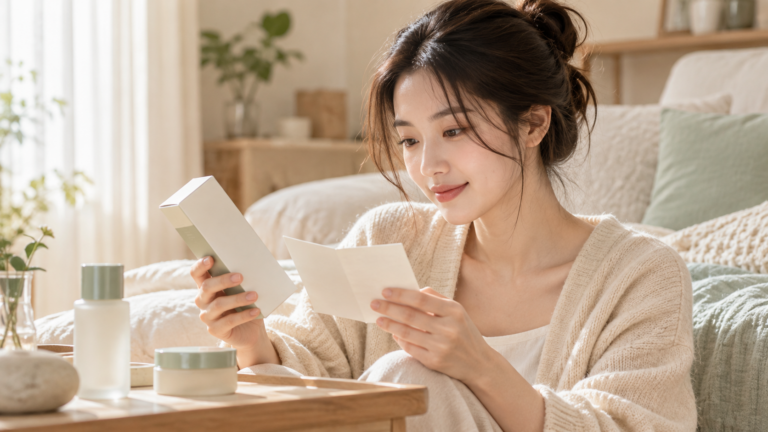 화장품 포장과 사용 안내를 읽는 모습